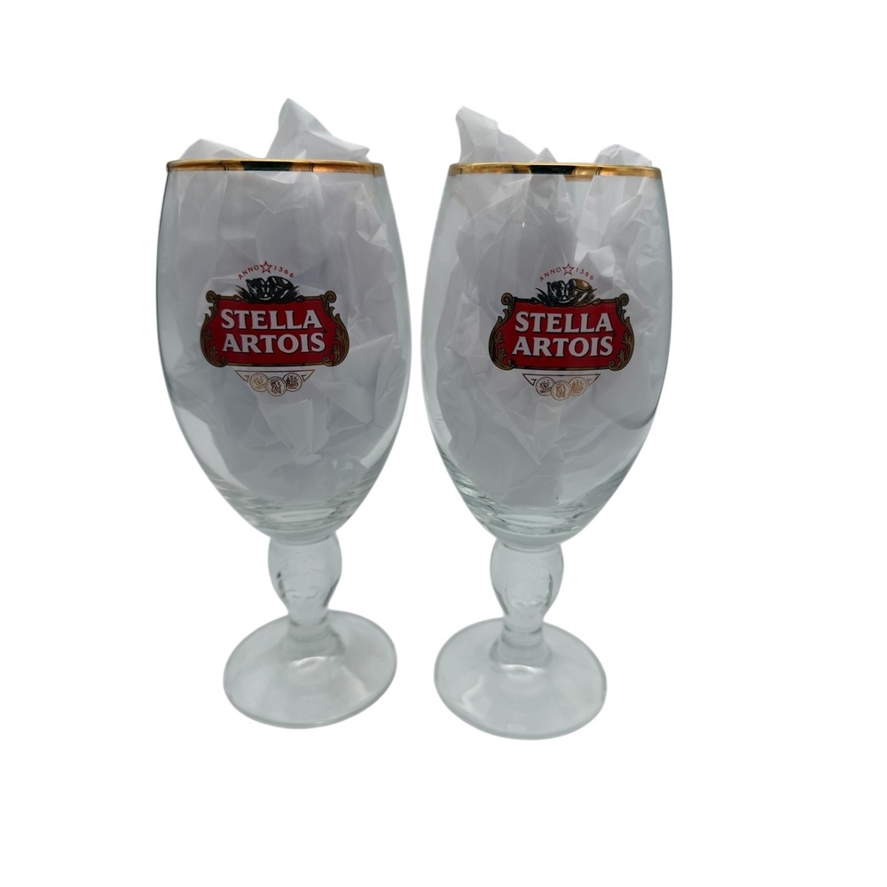 Stella Artois 7" Beer Glasses Gold‎ Rimmed Set of 2 Chalice Stemware